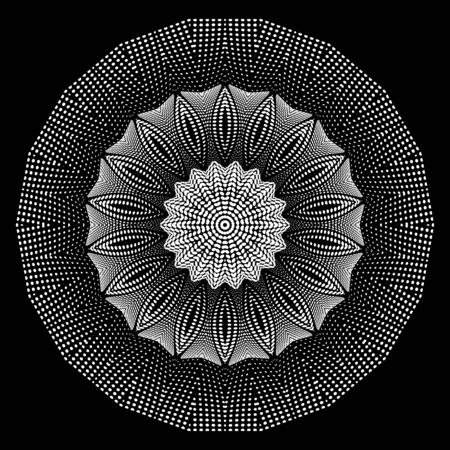 Round floral halftone 3d vector mandala pattern. Dotted abstract textured background. Modern digital ornate backdrop with circles, dots. Surface textured half tone flower ornament. Radial designのイラスト素材