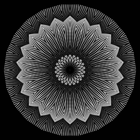 Round floral halftone 3d vector mandala pattern. Dotted abstract textured background. Modern digital ornate backdrop with circles, dots. Surface textured half tone flower ornament. Radial designのイラスト素材