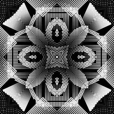 Circles halftone 3d vector seamless pattern. Dotted abstract geometric background. Repeat floral backdrop. Circles, squares, dots, shapes, frame. Modern half tone black and white textured ornamentのイラスト素材