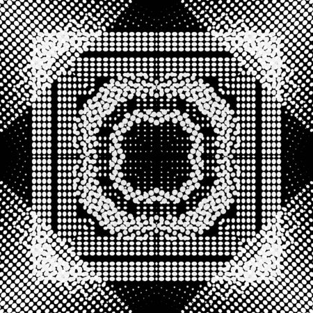 Circles halftone vector seamless pattern. Dotted abstract geometric background. Repeat geometry backdrop with circles, squares, dots, shapes, frames. Modern half tone black white textured ornamentのイラスト素材