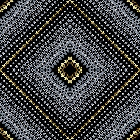Textured 3d geometric vector seamless pattern. Radial rhombus frames background. Repeat ornate...
