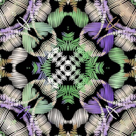 Colorful zigzag stitching embroidery style seamless pattern. Ornamental vector tapestry background....