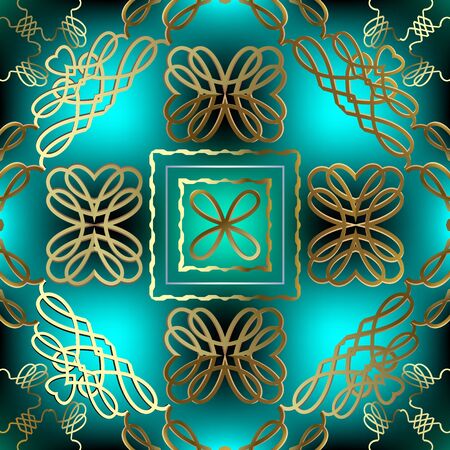 Vintage gold calligraphic swirls 3d vector seamless pattern. Glowing ornamental background. Repeat shiny blue backdrop. Arabesque style ornate floral ornament. Filigree calligraphy swirl lines, frameのイラスト素材