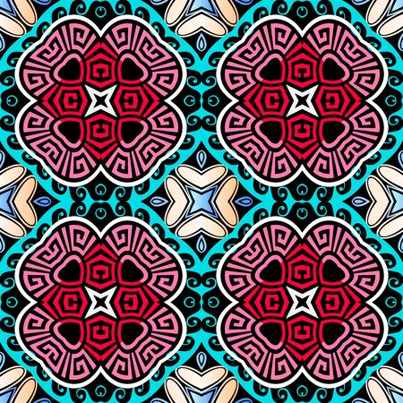 Floral greek vector seamless pattern. Ornamental modern colorful background. Repeat bright backdrop. Ornate greek key meanders beautiful ornament with abstract flowers, geometric shapes, waves, linesのイラスト素材