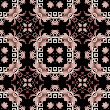 Baroque style floral vector seamless pattern. Abstract ornamental greek background. Repeat backdrop. Greek key meanders ornate colorful ornament with geometric shapes, vintage flowers, leaves, framesのイラスト素材