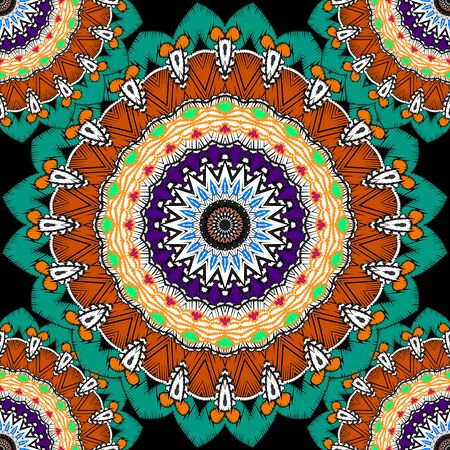 Tapestry floral colorful vector mandalas seamless pattern. Ornamental textured bright background. Tribal ethnic repeat grunge backdrop. Embroidered abstract flowers ornaments. Embroidery textureのイラスト素材
