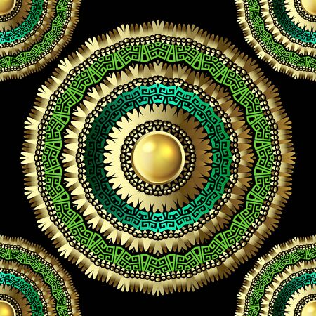 Jewelry 3d vector seamless mandala pattern. Ornamental luxury ornate background. Floral vintage gold green flower lace ornament with gemstone. Circle greek key meanders frames. Beautiful designのイラスト素材