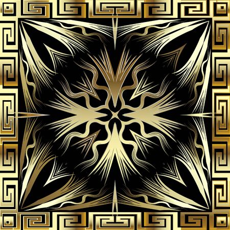 3d gold floral vector seamless pattern. Abstract modern ornamental greek square frame background. Repeat surface ornate backdrop. Geometric greek key meanders ornament with flowers, frames, shapesのイラスト素材