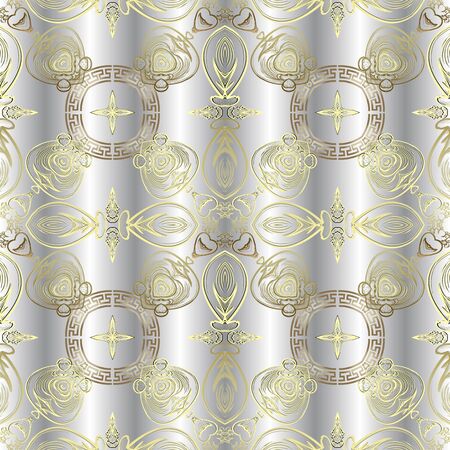 Ornate vintage Baroque style greek vector seamless pattern. Surface drapery ornamental silver background. White repeat luxury backdrop. Greek key meanders geometric ornaments. Line aer tracery designのイラスト素材