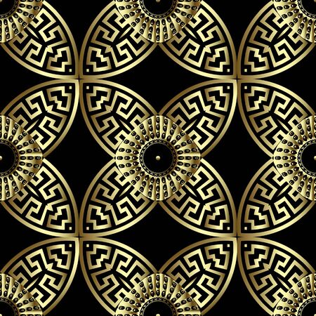Floral gold 3d greek vector seamless pattern. Ethnic ancient style ornamental background. Repeat tribal backdrop. Abstract flowers, mandalas, circles, geometric shapes, Greek key meanders ornamentsのイラスト素材