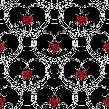 Love hearts romantic vector seamless pattern. Black white red ornamental greek style background. Modern patterned repeat backdrop. Beautiful abstract radial love hearts. Greek key meanders ornamentsのイラスト素材