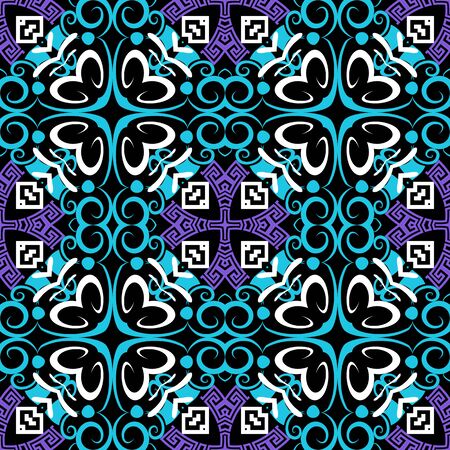 Colorful floral greek vector seamless pattern. Ornamental geometric ethnic tribal style glowing background. Abstract repeat backdrop. Geometric greek key meander ornament with vintage flowers, shapesのイラスト素材