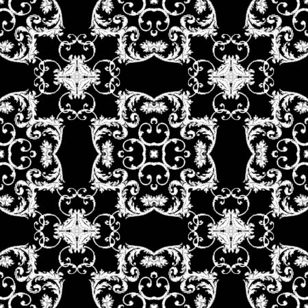 Embroidery textured vector seamless pattern. Black and white floral grunge background. Tapestry wallpaper. Damask flowers, leaves, mandalas. Textured vintage baroque ornaments. Embroidered textureのイラスト素材