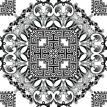 Ornamental greek mandalas vector seamless pattern. Abstract floral Damask background. Greek key meanders tribal ornament. Vintage black and white ethnic patterns. Geometric shapes, Baroque elementsのイラスト素材