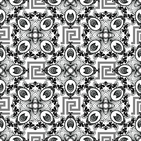 Ornamental Baroque style greek vector seamless pattern. Abstract floral Damask background. Greek key meanders beautiful ornament. Vintage black and white baroque patterns. Geometric shapes, elementsのイラスト素材