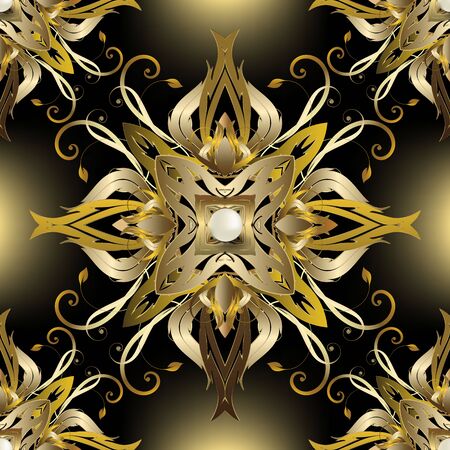 Jewelry gold Baroque 3d seamless pattern. Vector glowing floral background. Vintage Victorian baroque style luxury ornament. Repeat decorative royal backdrop. Golden flowers, leaves, surface pearlsのイラスト素材
