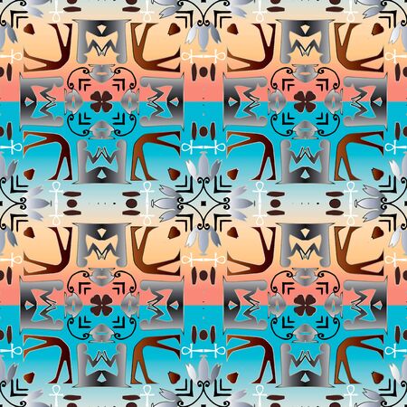 Egyptian hieroglyphs seamless pattern. Colorful background. Vector graphic illustration. Ancient hieroglyph. Old style tribal ethnic ornament with egyptian symbols, signs, shapes, women, framesのイラスト素材