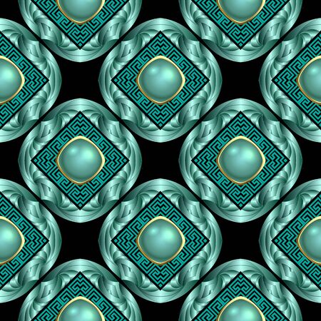 Waffle 3d luxury greek vector seamless pattern. Ornate jewelry background. Surface round turquoise gemstones. Rhombus greek key meander frames. Beautiful elegance decorative geometric ornamentsのイラスト素材