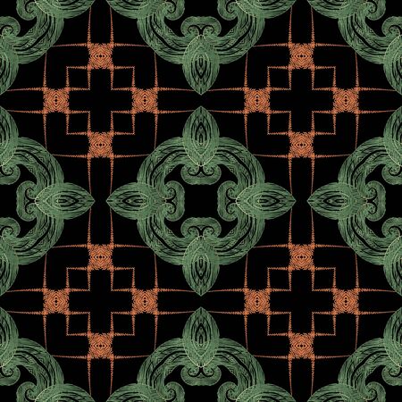 Embroidery Baroque vector seamless pattern. Colorful floral grunge background. Tapestry wallpaper. Carpet. Fabric. Damask flowers, leaves, frames. Textured baroque ornaments. Embroidered textureのイラスト素材