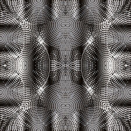 Textured 3d geometric vector seamless pattern. Radial circles background. Repeat ornate abstract backdrop. Elegant modern symmetrical 3d ornaments. Endless silver texture. Wave lines, geometry shapesのイラスト素材