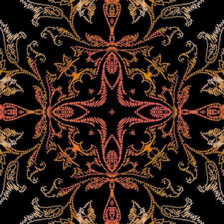Embroidery Baroque vector seamless pattern. Ornamental floral background. Repeat backdrop. Tapestry vintage flowers, stitching lines, zigzag, leaves. Embroidered Damask ornaments. Grunge textureのイラスト素材