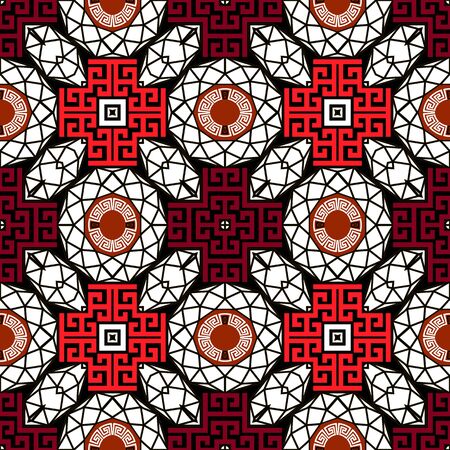 Geometric vector seamless pattern. Greek ornamental modern background. Colorful repeat backdrop. Abstract greek key meanders red ornaments. Symmetrical elegant design. Geometry shapes, lines, circlesのイラスト素材