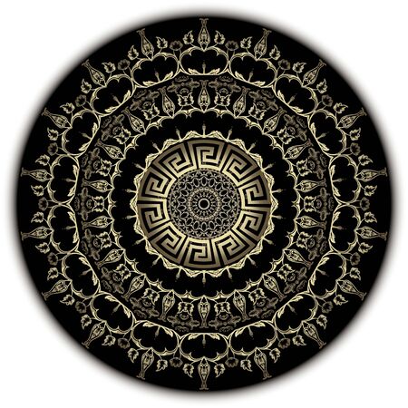Baroque vector mandala pattern. Greek floral background. Beautiful backdrop. Antique Victorian baroque style round ornament. Vintage flowers, leaves, greek key meander, frame, border. Gold 3d designのイラスト素材