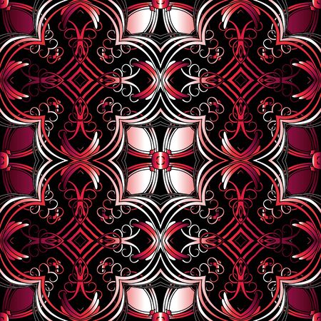 Floral colorful vector seamless pattern. Ornamental intricate background. Repeat patterned decorative backdrop. Vintage flowers, leaves, swirls, lines, shapes. Beautiful red ornaments. Ornate designのイラスト素材