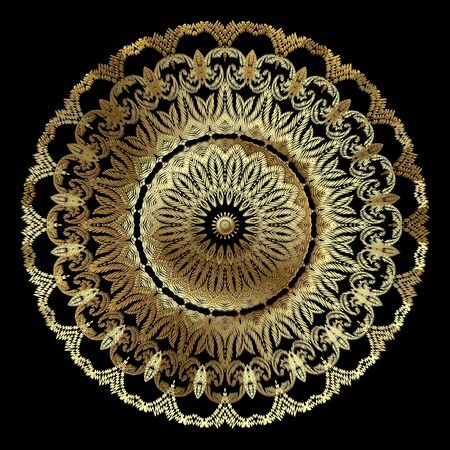 Textured vintage gold mandala pattern. Ornamental tapestry floral background. Baroque embroidery round ornaments. Embroidered golden flowers, leaves. Grunge texture. Ornate luxury lacy design. Vector.のイラスト素材