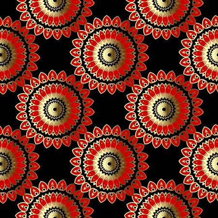 Vintage seamless floral mandalas pattern. Ornamental vector background. Ethnic tribal style abstract backdrop. Modern round ornaments. Decorative onate patterned design with gold red flowers.のイラスト素材
