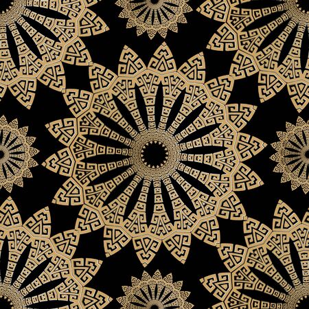 Vintage seamless greek vector mandalas pattern. Ornamental floral background. Ethnic tribal style backdrop. Greek key meanders round ornaments. Decorative abstract design with flowers, leaves, shapesのイラスト素材