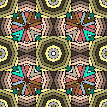 Colorful abstract tribal ethnic seamless pattern. Vector geometric ornamental background. Repeat patterned striped backdrop. Decorative geometrical modern mosaic ornaments. Kaleidoscope style design.のイラスト素材