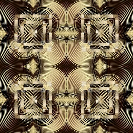 Gold luxury 3d abstract vector seamless pattern. Ornamental radial shapes background. Fractal line...