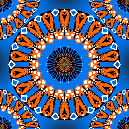 Colorful ethnic vector seamless mandalas pattern. Ornamental abstract folk background. Repeat decorative tribal backdrop. Round floral mandala ornaments. Geometric shapes, lines, flowers, circles.のイラスト素材