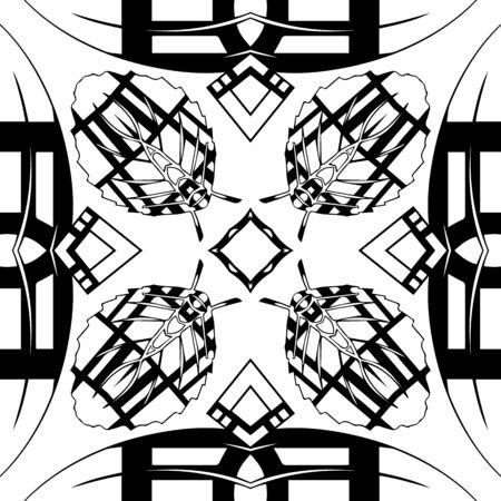 Geometric abstract vector seamless pattern. Black and white ornamental background. Repeat tribal ethnic backdrop. Modern ornate symmetrical ornaments. Geometrical shapes, lines, stripes, flowers.のイラスト素材