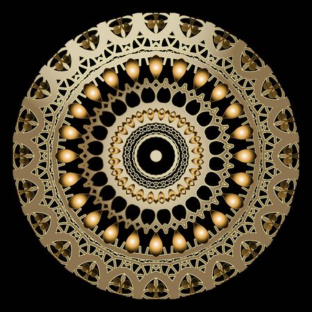 Ornate gold floral 3d vector mandala pattern. Ornamental modern background. Round vintage ornament. Lace design. Surface golden patterned texture. Ethnic style gold abstract flowers,shapes, frames.のイラスト素材