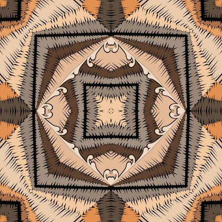 Textured grunge vector seamless pattern. Tapestry geometric modern striped background. Embroidery repeat abstract ornate backdrop. Symmetrical stripes ornaments. Embroidered texture. Textures design.のイラスト素材