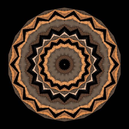 Zigzag textured grunge vector mandala pattern. Tapestry geometric modern background. Embroidery backdrop. Symmetrical zig zag striped ornaments. Embroidered texture. Elegant ornate round design.のイラスト素材