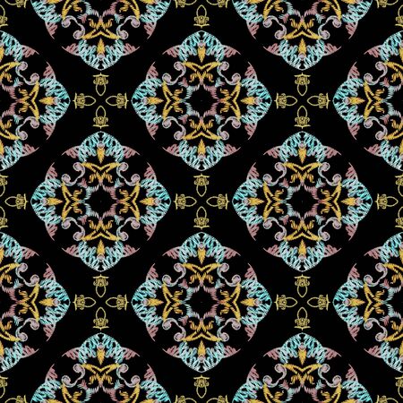 Textured Damask vector seamless pattern. Colorful floral embroidery background. Tapestry ornament....