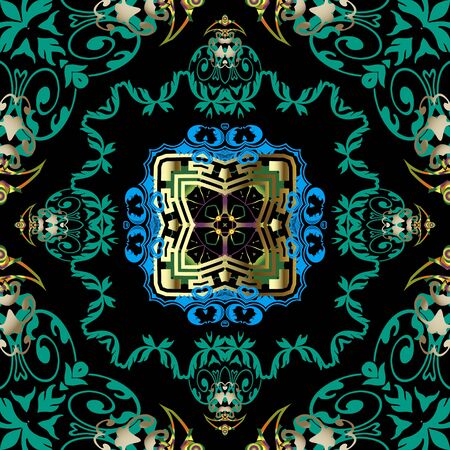 Vintage floral vector seamless pattern. Ornamental Damask background. Repeat decorative baroque style backdrop. Greek key meanders gold frame. Antique ornaments with flowers, leaves, geometric shapesのイラスト素材