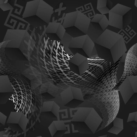 3d flowing cubes vector seamless pattern. Black modern dynamic background. Repeat geometric dark gray backdrop. Geometric 3d ornaments. Futuristic ornate design. For wallpapers, prints, backgrounds.のイラスト素材