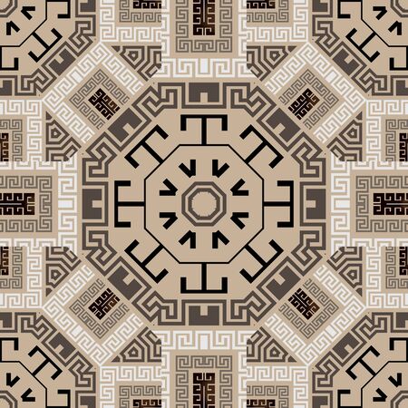 Tribal ethnic mandalas seamless pattern. Elegant vector background. Greek ornamental repeat backdrop. Geometric ornament. Abstract modern design. Geometry shapes, symbols, signs, greek key, meanderのイラスト素材
