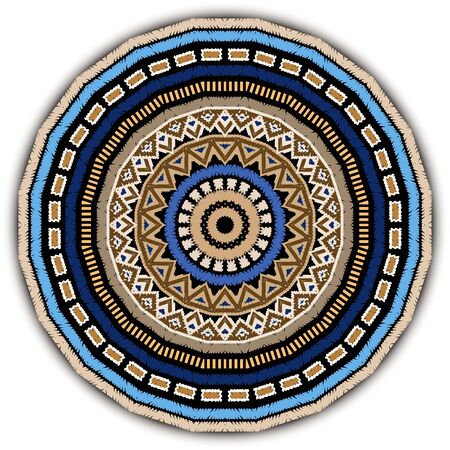 Round embroidery tribal mandala pattern. Colorful tapestry ethnic ornament on white background. Elegant decorative design. Beautiful textured ornament. Geometric grunge shapes, circles, frames.のイラスト素材