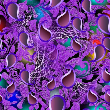 Floral Paisley seamless pattern. Abstract colorful fantasy vector background. Repeat 3d backdrop in violet colors. Modern elegance design. Beautiful flowing ornament. Paisley flowers, shapes, lines.のイラスト素材