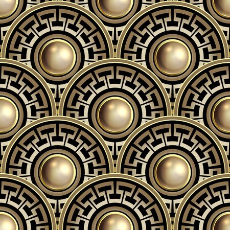 3d round mandalas Deco seamless pattern. Ornate jewelry greek background. Ornamental repeat vector backdrop. Luxury surface ornament. Abstract modern design. Golden gemstones. Greek key meanders.のイラスト素材