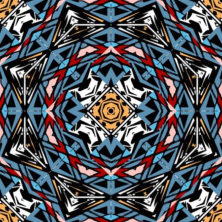 Tribal ornamental vector seamless pattern. Folk abstract colorful background. Ethnic mosaic ornament, Decorative tribe design for fabric, textile, printing. Patterned backdrop with geometric elements.のイラスト素材