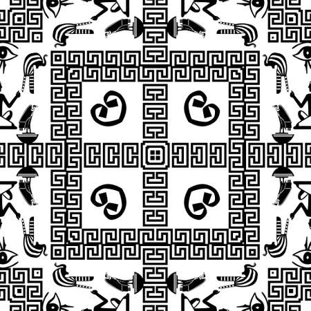 Egyptian seamless pattern. African tribal ethnic vector background. Abstract shapes, sphinx, pharaoh, eagles, hieroglyphs, symbols, signs., eyes. Geometric greek key meander black and white ornament.のイラスト素材