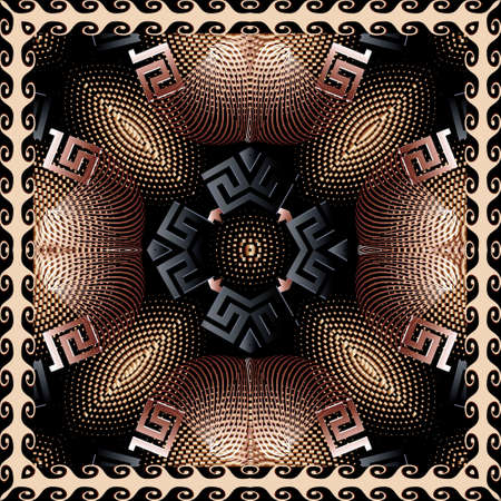 Floral greek 3d vector seamless pattern. Fractal lines abstract flowers. Square greek key meanders...