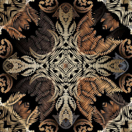 Embroidery floral vector seamless pattern. Baroque ornaments. Colorful grunge background. Tapestry...