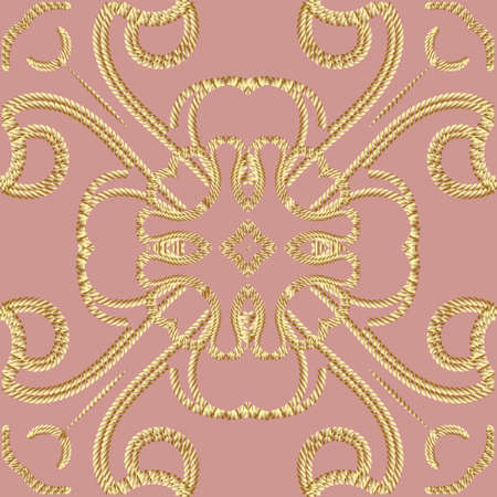 Textured gold 3d ropes seamless pattern. Tapestry ornamental floral background. Embroidery vintage flowers, lines, swirls. Grunge endless texture. Embroidered ornament. Modern beautiful ornate design.のイラスト素材
